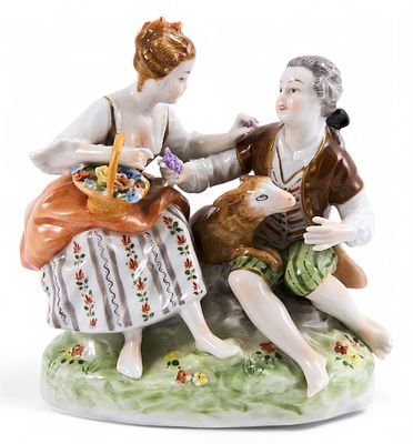 Скульптура Пастушок и цветочница фарфор, Unterweissbach Германия 1953-58 гг. H-15 см. Унтервайсб 