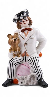 Скульптура Клоун О. Попов с олимпийским мишкой фарфор, Коростень кон. ХХ в. Н-19 см. Коростенски 
