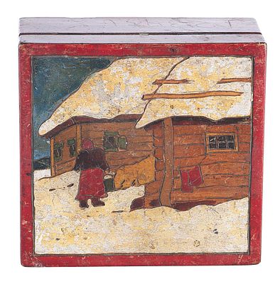 Шкатулка. Сергиев -ПосадНачало XX векадерево, резьба, роспись; медный сплав5 см х 10,5 смКрышка 