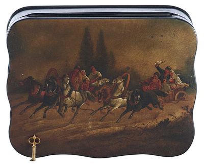 Шкатулка &laquo;Две летящие тройки&raquo;. Россия. Фабрика О.Ф. Вишнякова1870-ггпапье-маше, лак, роспись16,5 