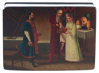 Шкатулка &laquo;Дорогой гость&raquo;. Россия. Фабрика Лукутина1888 — 1902 ггПапье-маше, лак роспись5,5 см х 