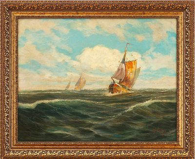 Морской пейзаж с парусниками. Художник J. Klaus. J. KlausБельгияконец XIX - начало XX ввхолст 