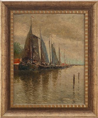 Импрессионизм н/х марина Рыбацкие шхуны у причала х/м нач. ХХ в. 50x40 см. неизв. европейский 