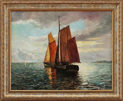 Картина "Морской пейзаж с парусниками". Westhoff D.АвстрияНачало XX векахолст, масло50 см х 64 