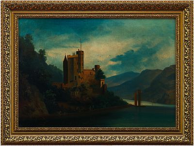 Н/Х Крепость у озера в горах х/м Европа кон. XIX в. 46x65 см. Западноевропейский мастерXIX 