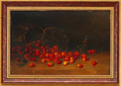 Натюрморт с черешней и певчей птичкой. Эдуард ХуберМюнхеноколо 1900 гдерево, масло33,5 см х 51,8 