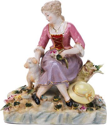 Скульптура Девушка с ягненком фарфор, ХХ в. Н-14,7 см. Германия.XX векфарфор, роспись14,7 см х 
