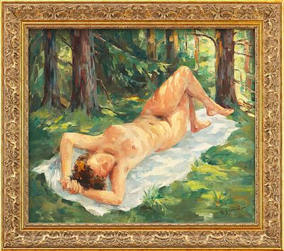 Картина &laquo;Обнаженная натурщица в лесу&raquo;. В. SchneiderЕвропапервая половина XX векахолст, масло60 