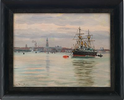 Картина &laquo;Пришвартованный пароход&raquo;. Stefanie von Strechineоколо 1940 гкартон, масло23,7 см х 30,5 