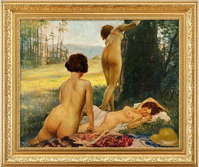 Антон Филькука (Anton Filkuka, 1888–1957 гг.) Обнаженные на фоне природы х/м Австрия нач. ХХ в. 