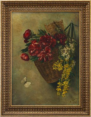 Марианна Эгерер (Marianne Egerer 1868–1925 гг.) Цветы в корзине на стене х/м Австрия 1903 г. 42 