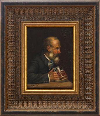 Картина &laquo;Старик с кружкой пива&raquo;. F.Felkel (Ф.Фелькель)Германиявторая половина ХІХ векадерево 