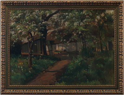 Н/Х Яблони в цвету х/м Европа пер. пол. ХХ в. 52x69 см. неизвестный европейский 