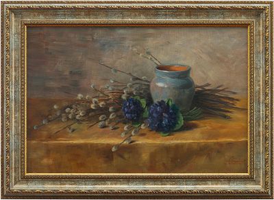 Н/Х Натюрморт с вербами х/м Европа пер. чет. ХХ в. 40x59 см. неизвестный европейский 