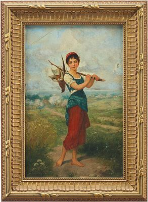 Картина &laquo;Девушка с битым фазаном&raquo;. неизвестный европейский художник1900-е ггдерево, масло31,3 см 