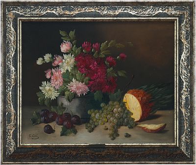 Fr. Gobi Натюрморт с цветами и ананасом х/м Европа пер. пол. ХХ в. 55x68,5 см. Fr. Gobi.ХХ 