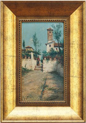 La Fuente Итальянский дворик дерево, масло, Италия втор. пол. ХХ в. 31,5x17,2 см. La 