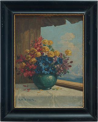 К. Fieder Альпийский букет х. на карт. масло Европа пер. пол. ХХ в. 32x24 см. К. Fiederпервая 