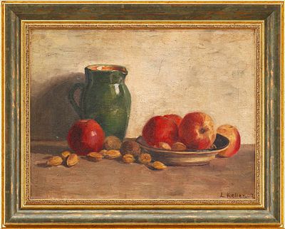 Натюрморт с зеленым кувшином и яблоками. L. KellerГермания1907холст, масло32 см х 42 см На 