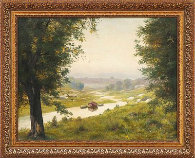 Картина &laquo;Пейзаж с рекой&raquo;. A. StadlerГермания1910-е ггхолст, масло51 см х 66 см Изображён летний 