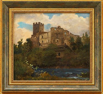 Пейзаж с замком, 1958 год. JoliЕвропа1958холст, масло28,7 см х 32 см Старинный замок на высоком 