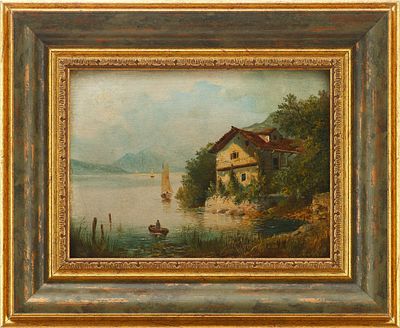 Картина "Горное озеро и дом". неизв. художникЕвропаКонец XIX векадерево, масло15,5 см х 21 смНа 