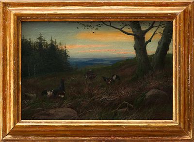 Картина &laquo;Токующие глухари&raquo;. Август МетчЕвропа1930 ггхолст, масло28,5 см х 42,5 смНа картине 