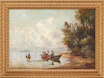 Морской пейзаж с рыбаками. Klaus RichterЕвропа1920-30 ггхолст, масло51 см х 72 см Эмоциональная 