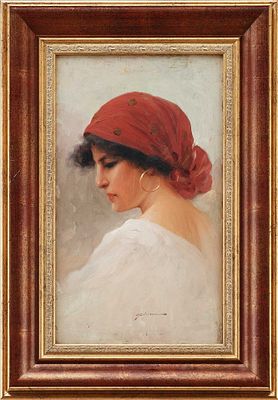 Портрет молодой женщины в красной косынке. A. Foulongone?ЕвропаПоследняя четверть XIX векадерево 