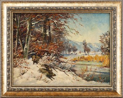 Р. Rocker Кабаны в зимнем лесу х/м Европа сер. ХХ в. 60x80 см. Р. RockerЕвропаНачало XX 