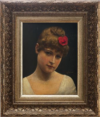A. Seifert Молодая красавица с розой в волосах дер. масл. Европа кон. XIX в. 18x14 см. A. 