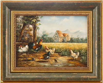 Н/Х Куры на крестьянском дворе дер. масл. Европа пер. пол. ХХ в. 19,8x25,3 см. "Куры на 