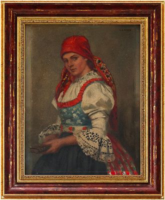 К. Mayer Девушка в национальном костюме картон, масло Австрия 1920-гг. 34,2x26,4 см. К. V. 