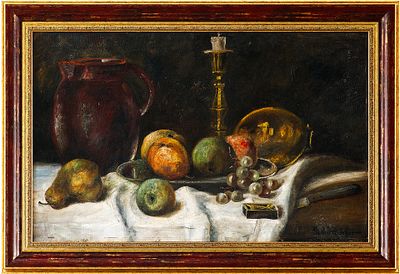 Kate Rammelt-Burqer Натюрморт с подсвечником и фруктами холст на карт., масло германия нач. ХХ 