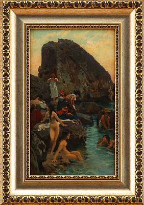 Н/Х Купание молодых итальянок дер. масл. Италия кон. XIX в. 38,2x22,7 см. неизв. итальянский(?) 