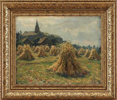 Хуберт Лохер (Hubert Locher) Стога х/м Германия кон. XIX - нач. ХХ в. 40x50 см. Locher 