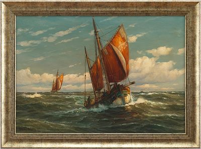 M. Gl&uuml;sing Рыбацкие лодки х.м. Германия нач. ХХ в. 100х70 см. Martin Franz Gl&uuml;singпервая 