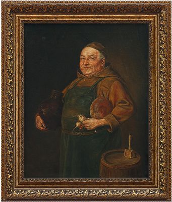 А. Zaepfel Монах с хлебом, редиской и редькой карт. масло. Германия нач. ХХ в. 51x40,5 см. Zaepf 