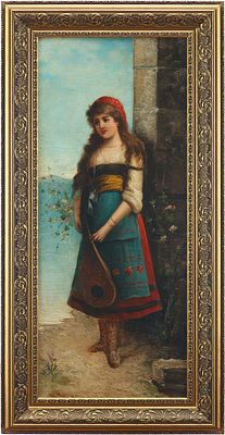 Н/Х Девочка с мандолиной х/м Европа кон. XIX в. 80,8x33,8 см. неизвестный европейский 