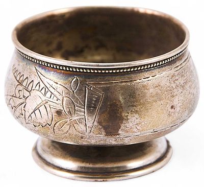 Солонка, Москва, автор Кошелев П.Н. Кошелев П.Н.Москва1895серебро 84, гравировка3,6 см х 5,5 