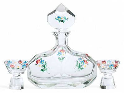 Набор для алкогольных напитков с цветочным декором. Богемия1930-ггцветное стекло, гранение 