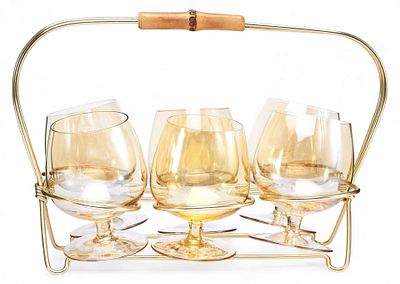 Рюмки для коньяка на подставке. Европа1970-ггстекло, металл, бамбукВысота рюмки: 9,7. Размеры 