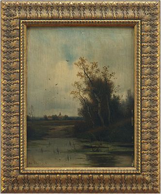 Эдуард Хейн (Eduard Hein, 1854–1918 гг.) Птицы над болотом дер., масло Дюссельдорфская школа 