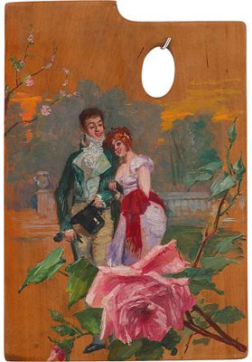 Н/Х Прогулка в саду дер. масл. Европа нач. ХХ в. 34,5x23,6 см. неизв. европейский 