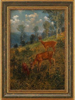 Ханс Шмидт (Hans W. Schmidt 1859–1950 гг.) Семейство оленей к/м Германия 1906 г. 46x31 см. Шмидт 