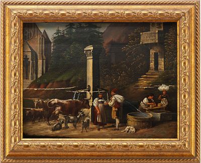 Н/Х Городская сцена у колодца дер. масл. Германия сер. XIX в. 28x38 см. неизв. австро-немецкий 