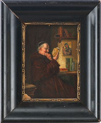 Н/Х Монах с книгой дер. масл. Европа нач. XX в. 10x16 см. Неизв. немецкий художникЕвропаНачало 