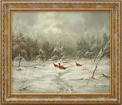 E. Eggert Фазаны зимой х/м Европа кон. ХХ в. 50x60 см. G. Eqqert. (?)Европа1980-1990 ггхолст 