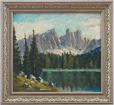 A. Humih Горный пейзаж с озером к/м Германия 1950-60-е гг. 48,5x51 см. А. 