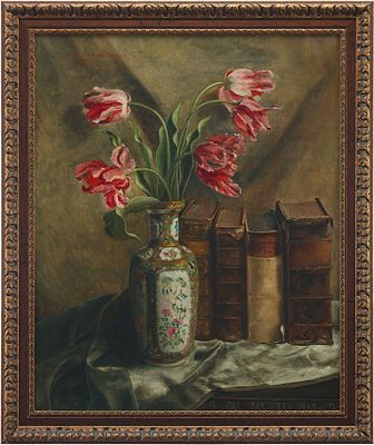 Н/Х Натюрморт с букетом тюльпанов и книгами х/м Германия 1954 г. 69x56,2 см. неизвестный 